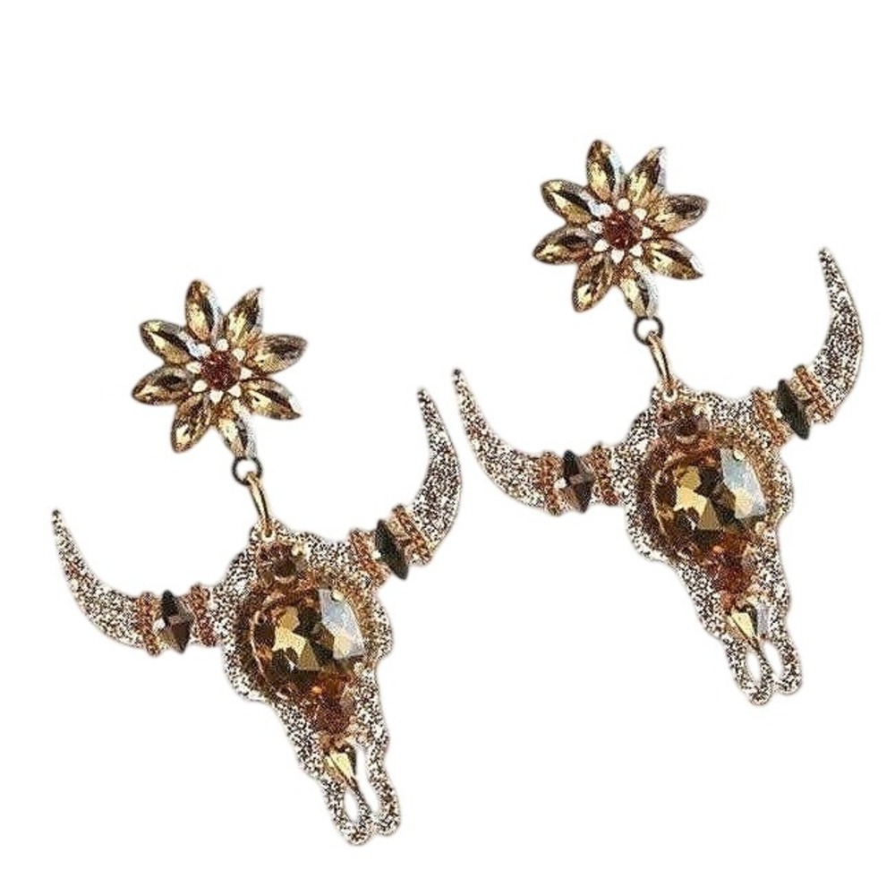 New Rhinestone Gold Steer Sugar Skull Animal‎ Western Boho Horns Bull Cow Cattle